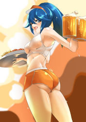 Rule 34 | 1girl, alcohol, ass, bare shoulders, beer, beer mug, blue eyes, blue hair, blush, breasts, deekai, fire emblem, fire emblem awakening, food, from behind, from below, hairband, highres, hooters, long hair, looking at viewer, lucina (fire emblem), mug, nintendo, one eye closed, open mouth, ponytail, serving, shiny clothes, shiny skin, short shorts, shorts, sideboob, smile, solo, waitress, wink