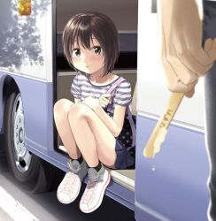 Rule 34 | 1boy, 1girl, bag, black eyes, black hair, blush, commentary request, day, expressionless, full body, looking at another, motor vehicle, nakamura kuzuyu, original, outdoors, popsicle stick, shirt, shoes, short hair, shoulder bag, sitting, skirt, sneakers, solo focus, striped clothes, striped shirt, sunlight, t-shirt, translated, van