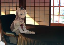 Rule 34 | 10s, 1girl, annin musou, bad id, bad twitter id, bare shoulders, blonde hair, blush, braid, chair, crown, dated, dress, french braid, hairband, jewelry, kantai collection, long hair, long sleeves, mini crown, necklace, shadow, smile, solo, table, tablecloth, warspite (kancolle)