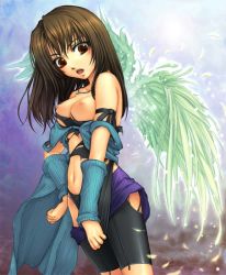 Rule 34 | 1990s (style), 1girl, arm warmers, bare shoulders, bike shorts, boots, breasts, final fantasy, final fantasy viii, hand on own hip, hip focus, midriff, navel, nipples, open mouth, retro artstyle, rinoa heartilly, skirt, solo, square enix, torn clothes, wings, yoko juusuke, zipper