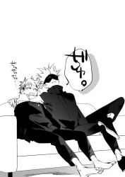Rule 34 | 2boys, bad id, bad twitter id, blindfold, closed eyes, commentary request, couch, crossed legs, full body, gojou satoru, greyscale, highres, hood, hoodie, itadori yuuji, jacket, jujutsu kaisen, long sleeves, male focus, monochrome, multiple boys, no shoes, on couch, pants, shoes, short hair, simple background, sitting, spiked hair, translation request, wl6yugi8go1