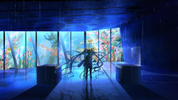 Rule 34 | 1girl, aquarium, backlighting, barefoot, floating hair, from behind, full body, geduan, hair ornament, hatsune miku, highres, long hair, shadow, solo, standing, twintails, very long hair, vocaloid