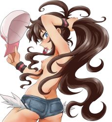 Rule 34 | 10s, 1girl, adjusting hair, armpits, ass, baseball cap, blue eyes, breasts, brown hair, butt crack, condom, condom in mouth, creatures (company), denim, denim shorts, from behind, game freak, hat, hilda (pokemon), long hair, looking back, mouth hold, nintendo, nipples, pokemon, pokemon bw, ponytail, shorts, small breasts, solo, suzurino, topless, unworn hat, unworn headwear, very long hair, wristband