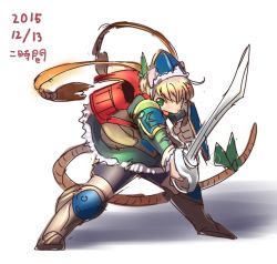 Rule 34 | 1girl, armor, blonde hair, boots, dress, female focus, full body, furry, furry female, green eyes, hat, mouse (animal), ni jikan, open mouth, short hair, solo, sword, weapon, white background