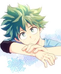 Rule 34 | 1boy, boku no hero academia, breasts, cleavage, face, freckles, green hair, looking at viewer, male focus, midoriya izuku, scar, short hair, smile, solo, straight-on, will izkt
