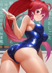 Rule 34 | 1girl, armpits, ass, back, blush, breasts, chalk, chalkboard, classroom, dorachan r, hair ribbon, highres, holding, holding chalk, i-168 (kancolle), indoors, kantai collection, long hair, looking at viewer, looking back, medium breasts, one-piece swimsuit, ponytail, red eyes, red hair, ribbon, school swimsuit, smile, solo, swimsuit, swimsuit under clothes