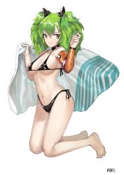 Rule 34 | 1girl, absurdres, barefoot, bikini, breasts, cleavage, closed mouth, detached sleeves, full body, girls&#039; frontline, green hair, hands up, highres, holding, holding towel, kneeling, m950a (girls&#039; frontline), medium breasts, medium hair, navel, prossss, signature, simple background, single detached sleeve, smile, solo, string bikini, swimsuit, towel, twintails, white background, yellow eyes