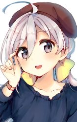 Rule 34 | 1girl, :d, absurdres, alternate costume, arm up, beret, black shirt, blue eyes, blush, bow, brown hat, casual, furuderi mayono, grey hair, hair between eyes, hair bow, hat, head tilt, highres, kantai collection, kiyoshimo (kancolle), long sleeves, looking at viewer, open mouth, round teeth, shirt, simple background, smile, solo, teeth, upper body, upper teeth only, white background, wristband, yellow bow