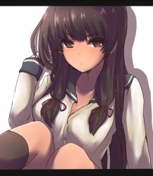 Rule 34 | 10s, 1girl, arm support, black hair, black socks, breasts, brown eyes, cleavage, collarbone, dyson (edaokunnsaikouya), gloves, hair ribbon, tucking hair, hand in own hair, isokaze (kancolle), kantai collection, kneehighs, letterboxed, long hair, long sleeves, looking at viewer, medium breasts, pout, ribbon, sailor collar, shadow, simple background, sitting, socks, solo, tress ribbon, upper body, white background, white gloves