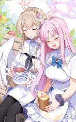 Rule 34 | 2girls, angel wings, bench, black pantyhose, black tea, blue archive, blush, cake, capelet, closed eyes, closed mouth, cup, dress, feathered wings, fingernails, flower, food, hair bun, hair flower, hair ornament, halo, highres, holding, holding cup, konka, light brown hair, long hair, long sleeves, mika (blue archive), multiple girls, nagisa (blue archive), nail polish, open mouth, pantyhose, pink flower, pink hair, pink halo, pink nails, purple flower, red flower, single side bun, sitting, smile, swiss roll, tea, white capelet, white dress, white flower, white wings, wings