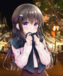 Rule 34 | 1girl, aran sweater, black hair, black scarf, blurry, blurry background, blush, brown skirt, cable knit, christmas tree, closed mouth, clothing cutout, commentary request, depth of field, hair between eyes, hands up, holding, holding clothes, holding scarf, lamppost, long sleeves, looking at viewer, murasaki (murasakiiro no yoru), night, night sky, original, pink sweater, plaid, plaid scarf, puffy long sleeves, puffy sleeves, purple eyes, scarf, shoulder cutout, skirt, sky, sleeves past wrists, smile, solo, sweater
