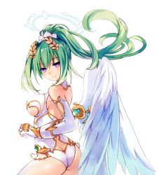Rule 34 | 10s, 1girl, angel wings, ass, breasts, butt crack, elbow gloves, four goddesses online: cyber dimension neptune, gloves, green hair, green heart (neptunia), hair ornament, halo, large breasts, leotard, looking at viewer, looking back, neptune (series), ponytail, power symbol, power symbol-shaped pupils, purple eyes, sideboob, simple background, smile, solo, symbol-shaped pupils, tsunako, vert (neptunia), white background, wings