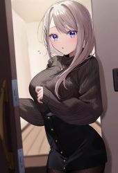 Rule 34 | 1girl, :o, black pantyhose, black skirt, blue eyes, blush, breasts, chigusa minori, door, highres, jewelry, large breasts, long hair, long sleeves, looking at viewer, necklace, pantyhose, parted lips, saotome shino (shino to ren), shino to ren, silver hair, skirt, solo