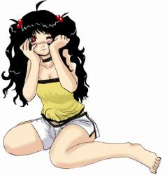 Rule 34 | 1futa, artist request, black hair, blush, breasts, bulge, cleavage, collar, futanari, looking at viewer, lowres, one eye closed, penis, red eyes, shirt, shorts, simple background, sitting, solo, yellow shirt