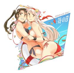 Rule 34 | 2girls, alternate costume, ass, bare shoulders, bikini, blush, bracelet, breasts, commentary request, dark green hair, flower, green eyes, grin, hair flower, hair ornament, hair ribbon, hairband, halterneck, heart, hug, jewelry, kantai collection, large breasts, lifebuoy, long hair, looking at viewer, medium breasts, multiple girls, red bikini, ribbon, ring, shoukaku (kancolle), side-tie bikini bottom, smile, string bikini, swim ring, swimsuit, twintails, wedding band, weidashming, white background, white hair, white ribbon, zuikaku (kancolle)