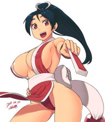 Rule 34 | areola slip, armpits, breasts, cleavage, dated, fatal fury, hand fan, hand on own hip, high ponytail, huge breasts, japanese clothes, long hair, looking at viewer, looking down, nail polish, red eyes, shiranui mai, signature, simple background, smile, solo, thighs, tsukudani (coke-buta), white background
