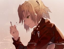 Rule 34 | 1girl, bandeau, blonde hair, braid, breasts, fate/apocrypha, fate (series), french braid, green eyes, hair ornament, hair scrunchie, highres, jacket, jewelry, looking at viewer, medium hair, mordred (fate), mordred (fate/apocrypha), necklace, ponytail, red jacket, red scrunchie, same (sendai623), scrunchie, simple background, small breasts, smile, solo, upper body