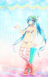 Rule 34 | 1girl, :o, bikini, blue eyes, blue hair, boots, closed umbrella, diving mask, diving mask on head, front-tie top, goggles, goggles on head, hatsune miku, long hair, manmaru tamago, matching hair/eyes, navel, planted, planted umbrella, shiny skin, side-tie bikini bottom, snorkel, solo, striped bikini, striped clothes, striped thighhighs, swimsuit, thighhighs, twintails, umbrella, very long hair, vocaloid
