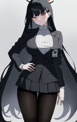 Rule 34 | 1girl, absurdres, akagi koku, black hair, black halo, black jacket, black skirt, black suit, blue archive, blush, breasts, cowboy shot, formal, grey background, hair between eyes, hair ornament, hairclip, halo, hand on own hip, highres, jacket, large breasts, long hair, long sleeves, looking at viewer, pantyhose, pleated skirt, red eyes, ribbed sweater, rio (blue archive), simple background, skirt, smile, solo, standing, suit, sweater, turtleneck, turtleneck sweater, uniform, white sweater