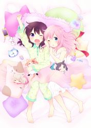 Rule 34 | 10s, 5girls, :3, ;o, = =, alarm clock, alternate hairstyle, animal ears, aqua eyes, arm up, barefoot, black hair, blanket, blush, bottle, breasts, cat ears, cat-shaped pillow, cat tail, cellphone, cellphone charm, cellphone strap, charm (object), chestnut mouth, cleavage, clenched hand, clock, clothes writing, frilled pillow, frills, hair down, konagai yuuko, lying, maa (nyanko days), mini person, minigirl, multiple girls, nightgown, nyanko days, on back, one eye closed, pajamas, paw print, perfume bottle, phone, pillow, pink hair, pleated skirt, print pajamas, purple eyes, rou (nyanko days), rubbing eyes, shii (nyanko days), shiratori azumi, side-by-side, skirt, smartphone, star-shaped pillow, strap slip, tail, tarabagani, yawning