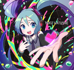 Rule 34 | 1girl, aqua eyes, aqua hair, artist name, black footwear, black skirt, black sleeves, blue nails, blush, character name, commentary request, detached sleeves, feet out of frame, foreshortening, hair ornament, hand up, hatsune miku, headphones, heart, long hair, long sleeves, looking at viewer, maiandkoh, miniskirt, nail polish, necktie, number tattoo, open mouth, outstretched arm, pixel heart, pleated skirt, reaching, reaching towards viewer, shirt, shoulder tattoo, skirt, sleeveless, sleeveless shirt, smile, solo, standing, tattoo, teeth, twintails, upper teeth only, very long hair, vocaloid, white shirt