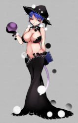 Rule 34 | 1girl, alternate costume, aoshima, arm behind back, ball, bare shoulders, black gloves, black skirt, blue eyes, blue hair, breasts, cleavage cutout, clothing cutout, doremy sweet, earrings, female focus, gloves, grin, hat, highres, holding, holding ball, jewelry, large breasts, lipstick, looking at viewer, lowleg, lowleg skirt, makeup, matching hair/eyes, midriff, nightcap, pom pom (clothes), revealing clothes, short hair, simple background, skirt, skirt set, smile, smirk, solo, tail, tapir tail, touhou