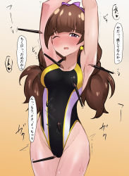 Rule 34 | 1girl, amanogawa kirara, armpits, arms up, black one-piece swimsuit, blunt bangs, breasts, brown hair, commentary request, competition swimsuit, cowboy shot, earrings, emor18 shikeko, go! princess precure, gradient background, highleg, highleg swimsuit, highres, jewelry, long hair, looking at viewer, medium breasts, one-piece swimsuit, one eye closed, paintbrush, precure, purple eyes, solo, star (symbol), star earrings, swimsuit, translation request