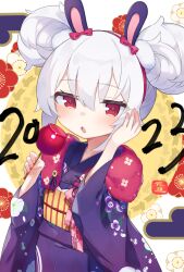 Rule 34 | 1girl, 2023, animal ears, azur lane, bow, candy apple, chinese zodiac, commentary request, double bun, egasumi, fake animal ears, floral background, floral print, food, hair between eyes, hair bun, hairband, highres, holding, holding food, japanese clothes, kimono, kokone (coconeeeco), laffey (azur lane), laffey (snow rabbit and candy apple) (azur lane), long sleeves, obi, official alternate costume, parted lips, print kimono, purple kimono, rabbit ears, red bow, red eyes, red hairband, sash, solo, upper body, white hair, wide sleeves, year of the rabbit