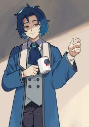 Rule 34 | 1boy, ascot, black pants, blue ascot, blue coat, blue hair, brown eyes, buttons, chesed (project moon), closed mouth, coat, collared shirt, commentary request, cowboy shot, cup, double-breasted, grey vest, hand up, holding, holding cup, lobotomy corporation, lobotomy corporation logo, long sleeves, looking at viewer, male focus, medu (rubish), mug, open clothes, open coat, pants, parted bangs, project moon, shirt, short hair, smile, solo, vest, white shirt