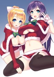 Rule 34 | 10s, 2girls, alternate eye color, ayase eli, black legwear, blonde hair, blue background, blue eyes, blush, breasts, capelet, christmas, cleavage, clothing cutout, crop top, downblouse, fur trim, garter straps, gloves, gradient background, hanging breasts, heart, heart-shaped pupils, hood, large breasts, long hair, looking at viewer, love live!, love live! school idol project, midriff, miniskirt, multiple girls, navel, open mouth, ponkotsu (ayarosu), ponytail, purple hair, santa costume, skirt, smile, symbol-shaped pupils, thighhighs, tojo nozomi, underboob, underboob cutout, v, white gloves