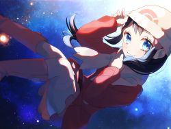 Rule 34 | 1girl, beanie, black hair, blue eyes, boots, closed mouth, clothes tug, coat, commentary, creatures (company), dawn (pokemon), eyelashes, game freak, hair ornament, hairclip, hands up, hat, highres, kino (sea55tea), knees, knees together feet apart, long sleeves, looking at viewer, nintendo, pink footwear, pokemon, pokemon dppt, pokemon platinum, red coat, scarf, smile, solo, space, white hat, white scarf