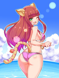 Rule 34 | 1girl, animal ears, ass, bare shoulders, bikini, blush, bracelet, breasts, cat ears, cat tail, cougar (cougar1404), facial mark, from behind, green eyes, jewelry, long hair, looking at viewer, medium breasts, one eye closed, open mouth, red hair, shiny skin, sideboob, smile, solo, swimsuit, tail, very long hair, water, wedgie, wink