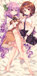 Rule 34 | 2girls, :o, absurdres, barefoot, black skirt, blush, brown dress, brown eyes, brown hair, commentary request, dress, flower, hair between eyes, hair flower, hair ornament, hair ribbon, hairband, highres, holding hands, kemo chiharu, layered dress, leg lift, legs together, long sleeves, looking at viewer, low twintails, lying, multiple girls, on back, on bed, partial commentary, petticoat, purple eyes, purple hair, ribbon, shirt, short hair, short hair with long locks, siblings, signature, sisters, skirt, smile, touhou, tsukumo benben, tsukumo yatsuhashi, twintails, white shirt
