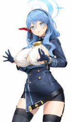 Rule 34 | 1girl, absurdres, ako (blue archive), bell, black garter straps, black skirt, black thighhighs, blue archive, blue eyes, blue hair, blue jacket, breasts, button gap, cleavage, garter straps, glint, halo, highres, jacket, large breasts, long sleeves, looking at viewer, neck bell, pencil skirt, pixel (yuxian), shirt, sideless outfit, simple background, skirt, solo, thighhighs, white background, white shirt
