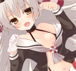 Rule 34 | 10s, 1girl, amatsukaze (kancolle), bare shoulders, blush, breasts, choker, clothes pull, collarbone, dress, fang, gloves, grey hair, hair tubes, kantai collection, long hair, looking at viewer, miko (royal milk), navel, open clothes, open dress, open mouth, sailor dress, shirt pull, single glove, small breasts, solo, upper body, white gloves, yellow eyes
