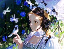 Rule 34 | 1girl, bird, bird on hand, black bow, blonde hair, blue flower, blue rose, bow, breasts, cleavage, collarbone, commentary, dappled sunlight, day, dress, flower, frilled dress, frills, green eyes, hair bow, hand up, highres, large bow, long hair, looking at another, ma yoyo, original, parasol, parted lips, plant, rose, solo, sunlight, symbol-only commentary, umbrella, upper body, white dress