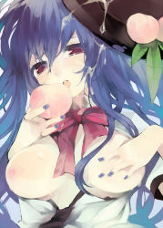 Rule 34 | 1girl, alternate breast size, bad id, bad pixiv id, blue hair, bow, bowtie, breasts, cum, cum on body, cum on breasts, cum on clothes, cum on hair, cum on upper body, facial, food, fruit, hat, hinanawi tenshi, k (li), large breasts, leaf, long hair, nail polish, nipples, open clothes, open mouth, open shirt, peach, red eyes, ribbon, shirt, solo, touhou, upper body