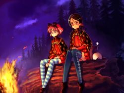 Rule 34 | 2girls, :o, aria vancleef, black hair, black thighhighs, blue eyes, blush, boots, bow, campfire, cape, cloud, dark-skinned female, dark skin, dress, facial mark, fire, flat chest, forehead mark, forest, game cg, hair bow, kaya xavier, littlewitch, log, long hair, multiple girls, nature, night, night sky, ooyari ashito, open mouth, outdoors, pink hair, red eyes, short dress, short hair, shoujo mahou gaku littlewitch romanesque, sitting, sky, sleeping, striped clothes, striped legwear, striped thighhighs, thighhighs, tree, zettai ryouiki