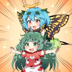 Rule 34 | 2girls, :d, animal ears, antennae, blue hair, blush, brown eyes, butterfly wings, cloud print, collared shirt, commentary request, curly hair, dress, emphasis lines, eternity larva, fang, green eyes, green hair, hair between eyes, horns, insect wings, kaoling, kariyushi shirt, komano aunn, leaf, leaf on head, long hair, multiple girls, open mouth, outstretched arms, print shirt, print shorts, red shirt, shirt, short hair, short sleeves, shorts, single horn, sleeveless, sleeveless dress, smile, sparkle, spread arms, touhou, very long hair, white shorts, wings