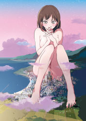 Rule 34 | 1girl, barefoot, brown eyes, brown hair, censored, city, cloud, convenient censoring, feet, giant, giantess, highres, huge giantess, mebae, mountain, nude, original, own hands clasped, own hands together, pussy, pussy peek, sky, solo, toenails, toes, water