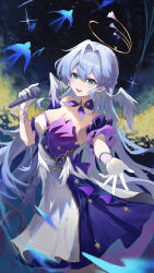 Rule 34 | 1girl, absurdres, aqua eyes, bird, blue dress, blue hair, bracelet, breasts, cleavage, dress, feet out of frame, feimao (fmfeimao), gloves, hair intakes, halo, hand up, head wings, highres, holding, holding microphone, honkai: star rail, honkai (series), jewelry, light blue hair, long hair, looking at viewer, microphone, multicolored clothes, multicolored dress, musical note ornament, open mouth, pearl bracelet, purple dress, purple sleeves, robin (honkai: star rail), solo, strapless, strapless dress, very long hair, white dress, white gloves, wings