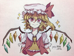 Rule 34 | 1girl, artist name, ascot, blonde hair, closed mouth, collared shirt, cropped torso, crystal, flandre scarlet, frilled ascot, frills, hair between eyes, hat, hat ribbon, ichirugi, light smile, looking at viewer, medium hair, multicolored wings, one side up, pixiv id, puffy short sleeves, puffy sleeves, red eyes, red ribbon, red vest, ribbon, ribbon-trimmed headwear, ribbon trim, shirt, short sleeves, simple background, sleeve ribbon, solo, touhou, upper body, vest, white background, white hat, white shirt, wings, yellow ascot