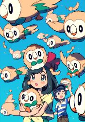 Rule 34 | 1boy, 1girl, absurdres, animal, bird, black hair, blue background, blue eyes, blue shirt, blush stickers, brown feathers, brown pants, chueog, creatures (company), elio (pokemon), feathers, flying, game freak, gen 7 pokemon, gradient background, hat, highres, holding, holding animal, midair, nintendo, one eye closed, open mouth, owl, pants, pokemon, pokemon sm, red hat, rowlet, selene (pokemon), shirt, standing, striped clothes, striped shirt, teeth, two-tone shirt, upper teeth only, white shirt, yellow shirt