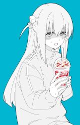 Rule 34 | 1girl, blue background, bocchi the rock!, cube hair ornament, gotoh hitori, greyscale with colored background, hair ornament, highres, holding, ice cream cup, jacket, long hair, looking at viewer, nekoume, one side up, open mouth, shaded face, simple background, sitting, solo, spot color, sweat, nervous sweating, track jacket, track suit