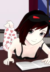 Rule 34 | 1girl, 3d, barefoot, book, breasts, camisole, downblouse, feet, grey eyes, highres, looking at viewer, lvl3toaster, nipples, no bra, pajamas, ruby rose, rwby, small breasts, smile, source request, wardrobe malfunction