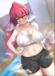 Rule 34 | 1girl, bare shoulders, blurry, blurry background, blush, breasts, cleavage, dumbbell, heterochromia, high ponytail, highres, hololive, houshou marine, huge breasts, long hair, looking at viewer, navel, noah12, parted lips, red eyes, red hair, solo, sports bra, sportswear, steaming body, sweat, thighs, virtual youtuber, yellow eyes, yoga mat