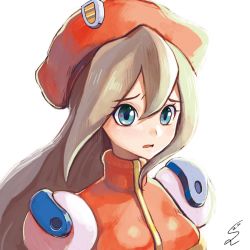 Rule 34 | 1girl, android, bad id, bad pixiv id, beret, blue eyes, brown hair, capcom, dated, female focus, hair between eyes, hat, highres, iris (mega man), long hair, mega man (series), mega man x4, mega man x (series), open mouth, portrait, red hat, signature, simple background, solo, sumomo, white background, worried
