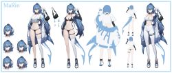 Rule 34 | 1girl, bag, bikini, black bikini, blue hair, blush, breasts, camisole, character sheet, choker, crop top, expressions, fins, fish tail, full body, hair between eyes, hand up, highres, holding, holding bag, jacket, long hair, marin (ness (pjw0168)), multiple views, ness (pjw0168), off shoulder, original, pants, ponytail, pout, shark tail, shoes, single thighhigh, swimsuit, tail, thigh strap, thighhighs, white camisole, yellow eyes, yoga pants