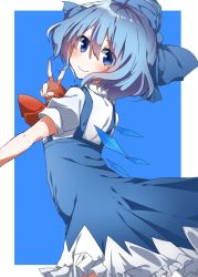 Rule 34 | 1girl, ascot, bad id, bad twitter id, blue dress, blue eyes, blue hair, bow, cirno, closed mouth, dress, dress shirt, from side, hair bow, hair ornament, hair ribbon, hand up, ice, ice wings, looking at viewer, matching hair/eyes, momotarou (4188momoko), ribbon, shirt, short hair, short sleeves, smile, solo, standing, touhou, upper body, v, wings
