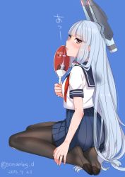 Rule 34 | 10s, 1girl, 2015, alternate costume, bad id, bad twitter id, black pantyhose, blue background, blue hair, dated, feet, feet together, hand fan, headgear, highres, hot, jewelry, kantai collection, kyuuso inukami, long hair, murakumo (kancolle), no shoes, pantyhose, ring, school uniform, seiza, serafuku, simple background, sitting, solo, sweat, twitter username, wedding band, yellow eyes